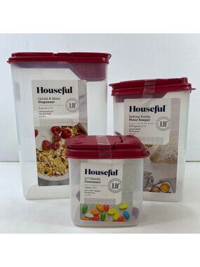 Houseful Kitchen Cereal Baking Buddy Set 3 Storage Dispenser Red Flip Lid